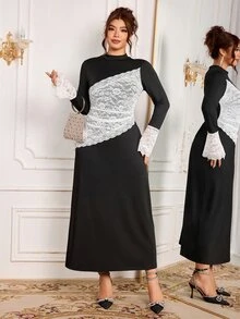 Modelyn Women's Ruffle Long Sleeve Ruched Waist Black Contrast Lace Elegant Fashion Design French Style Plus Size Dress Autumn/Winter - Black and White - View 6