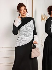Modelyn Women's Ruffle Long Sleeve Ruched Waist Black Contrast Lace Elegant Fashion Design French Style Plus Size Dress Autumn/Winter - Black and White - View 4