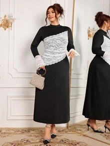 Modelyn Women's Ruffle Long Sleeve Ruched Waist Black Contrast Lace Elegant Fashion Design French Style Plus Size Dress Autumn/Winter - Black and White - View 7