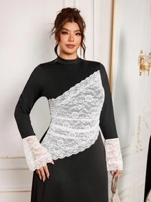 Modelyn Women's Ruffle Long Sleeve Ruched Waist Black Contrast Lace Elegant Fashion Design French Style Plus Size Dress Autumn/Winter - Black and White - View 8