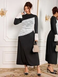 Modelyn Women's Ruffle Long Sleeve Ruched Waist Black Contrast Lace Elegant Fashion Design French Style Plus Size Dress Autumn/Winter - Black and White - View 5