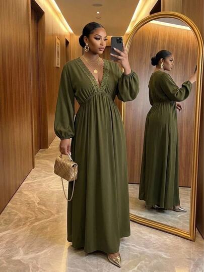 SHEIN Lady CURVE Plus Size Women Deep V-Neck Pleated Lace Patchwork Casual Celestial Elegant Party Formal Cocktail Dinner Vacation Wedding Dress Olive Green Christmas