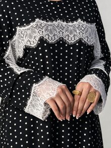 Al Najma Women's Elegant Lady Style Fashion Polka Dot Print Contrast Lace Shawl Plus Size Dress - Black - View 5