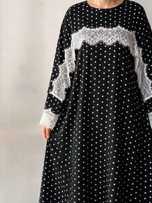 Al Najma Women's Elegant Lady Style Fashion Polka Dot Print Contrast Lace Shawl Plus Size Dress - Black - View 7