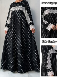 Al Najma Women's Elegant Lady Style Fashion Polka Dot Print Contrast Lace Shawl Plus Size Dress - Black - View 1
