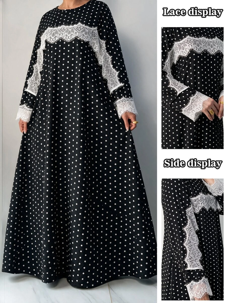 Al Najma Women's Elegant Lady Style Fashion Polka Dot Print Contrast Lace Shawl Plus Size Dress - Black - View 1