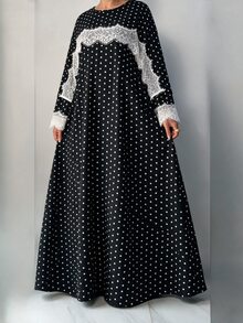 Al Najma Women's Elegant Lady Style Fashion Polka Dot Print Contrast Lace Shawl Plus Size Dress - Black - View 6