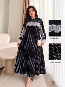 Al Najma Women's Elegant Lady Style Fashion Polka Dot Print Contrast Lace Shawl Plus Size Dress - Black - View 3