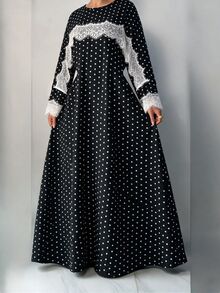 Al Najma Women's Elegant Lady Style Fashion Polka Dot Print Contrast Lace Shawl Plus Size Dress - Black - View 4