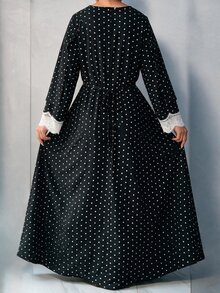 Al Najma Women's Elegant Lady Style Fashion Polka Dot Print Contrast Lace Shawl Plus Size Dress - Black - View 2