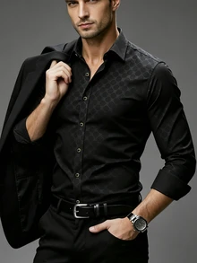 DAZY Geometric Textured Long Sleeve Formal Shirt, Black Metal Buttons, Slim Fit, Suitable For Commute Business Office, Party, Date, Autumn, Casual Classy - Black - View 8