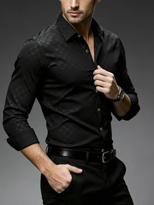 DAZY Geometric Textured Long Sleeve Formal Shirt, Black Metal Buttons, Slim Fit, Suitable For Commute Business Office, Party, Date, Autumn, Casual Classy - Black - View 4