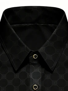 DAZY Geometric Textured Long Sleeve Formal Shirt, Black Metal Buttons, Slim Fit, Suitable For Commute Business Office, Party, Date, Autumn, Casual Classy - Black - View 6