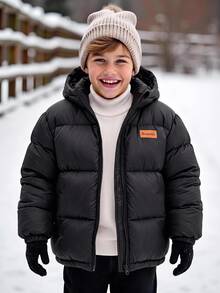 SHEIN Tween Boy Casual Thermal Lined Thick Zip-Up Hoodie Winter Jacket - Black - View 2
