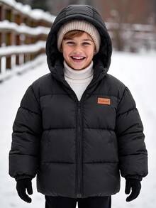 SHEIN Tween Boy Casual Thermal Lined Thick Zip-Up Hoodie Winter Jacket - Black - View 4