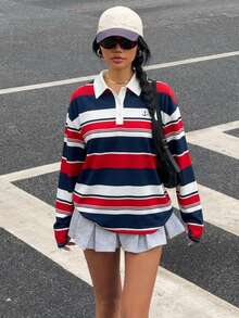 Muchica 女士休闲宽松 Polo 领长袖 T 恤，适合秋冬季，彩色条纹印花 - 彩色 - 查看 7