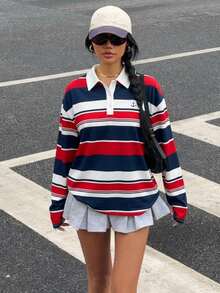 Muchica 女士休闲宽松 Polo 领长袖 T 恤，适合秋冬季，彩色条纹印花 - 彩色 - 查看 5