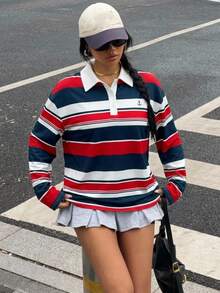 Muchica 女士休闲宽松 Polo 领长袖 T 恤，适合秋冬季，彩色条纹印花 - 彩色 - 查看 4