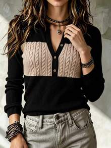 Balvessa Women's Colorblock Casual Versatile Daily Wear Long Sleeve Sweater - Multicolor - View 1