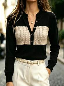 Balvessa Women's Colorblock Casual Versatile Daily Wear Long Sleeve Sweater - Multicolor - View 3
