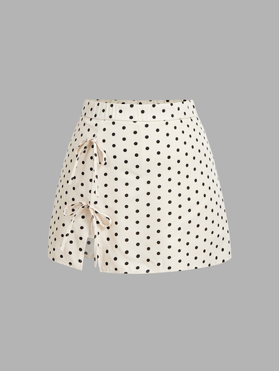SHEIN MOD Plus Size Women's French Kawaii Vintage Elegant Polka Dot A-Line Mini Skirt, Side Bow Tie Design, Classic, Retro. Autumn High Tea Beige Date Brunch
