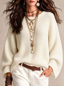 Balvessa Women's Solid Color Casual Versatile Daily Wear Long Sleeve Sweater - White - View 7