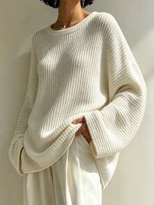 Balvessa Women's Solid Color Casual Versatile Daily Wear Long Sleeve Sweater - White - View 6