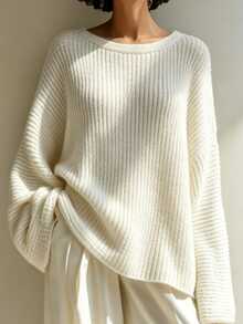 Balvessa Women's Solid Color Casual Versatile Daily Wear Long Sleeve Sweater - White - View 4