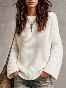 Balvessa Women's Solid Color Casual Versatile Daily Wear Long Sleeve Sweater - White - View 2
