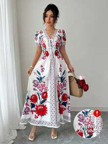 Elenzga Gaun Panjang Wanita Musim Panas Elegan Motif Tenun dengan Ikat Pinggang dan Detail Kerut - MultiWarna - View 1