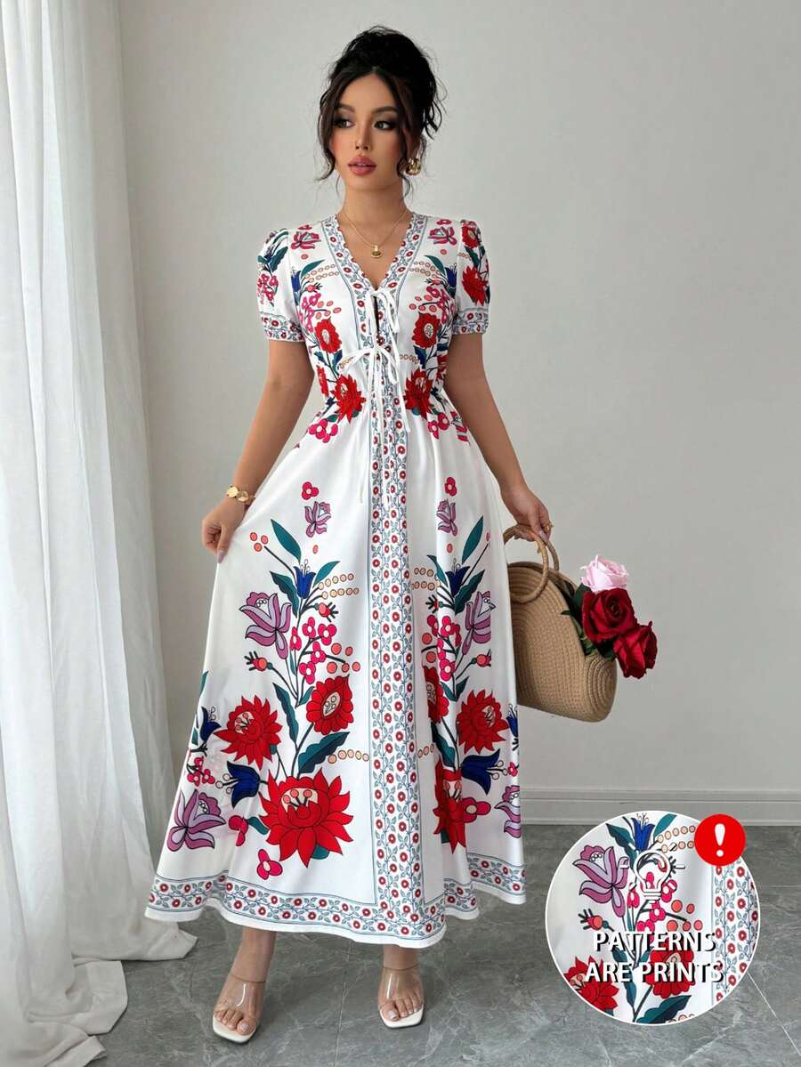 Elenzga Gaun Panjang Wanita Musim Panas Elegan Motif Tenun dengan Ikat Pinggang dan Detail Kerut - MultiWarna - View 1