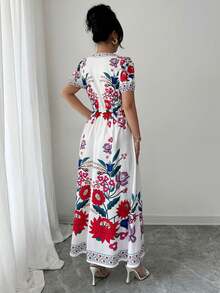 Elenzga Gaun Panjang Wanita Musim Panas Elegan Motif Tenun dengan Ikat Pinggang dan Detail Kerut - MultiWarna - View 2