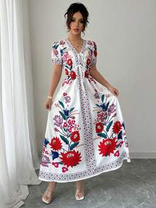 Elenzga Gaun Panjang Wanita Musim Panas Elegan Motif Tenun dengan Ikat Pinggang dan Detail Kerut - MultiWarna - View 8