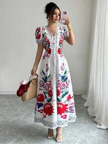 Elenzga Gaun Panjang Wanita Musim Panas Elegan Motif Tenun dengan Ikat Pinggang dan Detail Kerut - MultiWarna - View 4