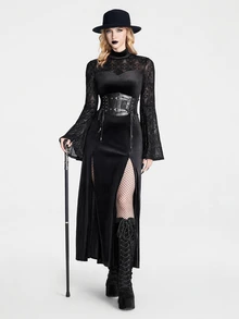 Breakform Gothic Halloween Women's Smooth Velvet Sheer Lace Patchwork Semi-High Neck Bodycon  Wide Flare Bell Sleeve Gothic Sexy Long Dress - Black - View 3