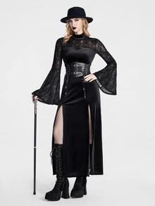 Breakform Gothic Halloween Women's Smooth Velvet Sheer Lace Patchwork Semi-High Neck Bodycon  Wide Flare Bell Sleeve Gothic Sexy Long Dress - Black - View 6