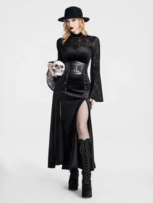 Breakform Gothic Halloween Women's Smooth Velvet Sheer Lace Patchwork Semi-High Neck Bodycon  Wide Flare Bell Sleeve Gothic Sexy Long Dress - Black - View 5