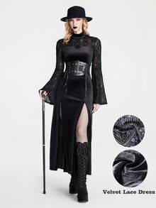 Breakform Gothic Halloween Women's Smooth Velvet Sheer Lace Patchwork Semi-High Neck Bodycon  Wide Flare Bell Sleeve Gothic Sexy Long Dress - Black - View 1