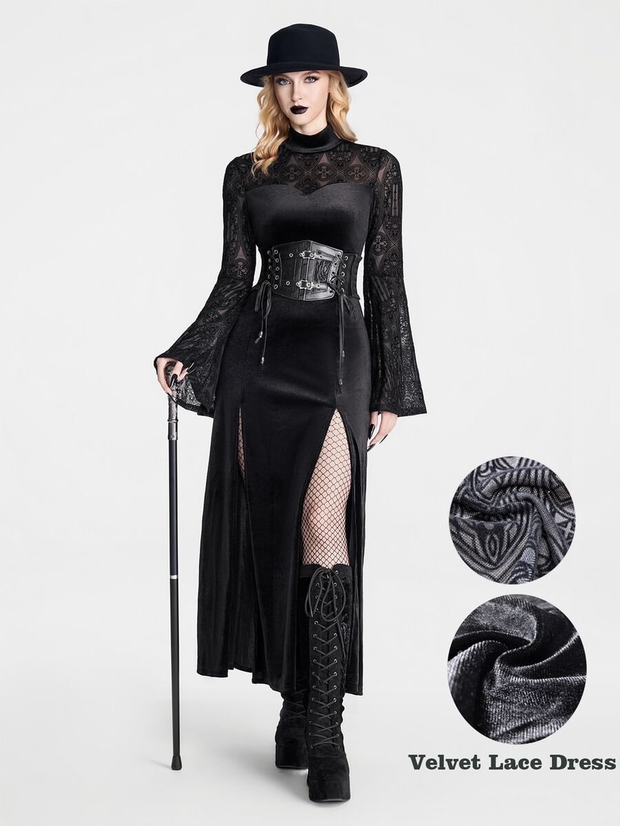 Breakform Gothic Halloween Women's Smooth Velvet Sheer Lace Patchwork Semi-High Neck Bodycon Wide Flare Bell Sleeve Gothic Sexy Long Dress - Black - View 1
