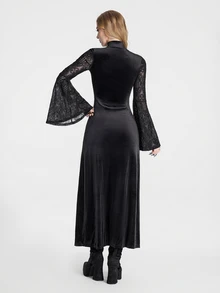 Breakform Gothic Halloween Women's Smooth Velvet Sheer Lace Patchwork Semi-High Neck Bodycon  Wide Flare Bell Sleeve Gothic Sexy Long Dress - Black - View 2