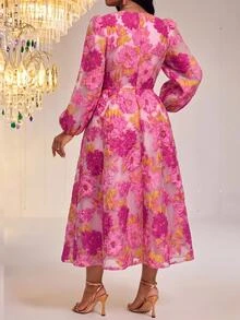 Fleurora Plus Size Fashion Elegant Jacquard Dress Fall - Hot Pink - View 3