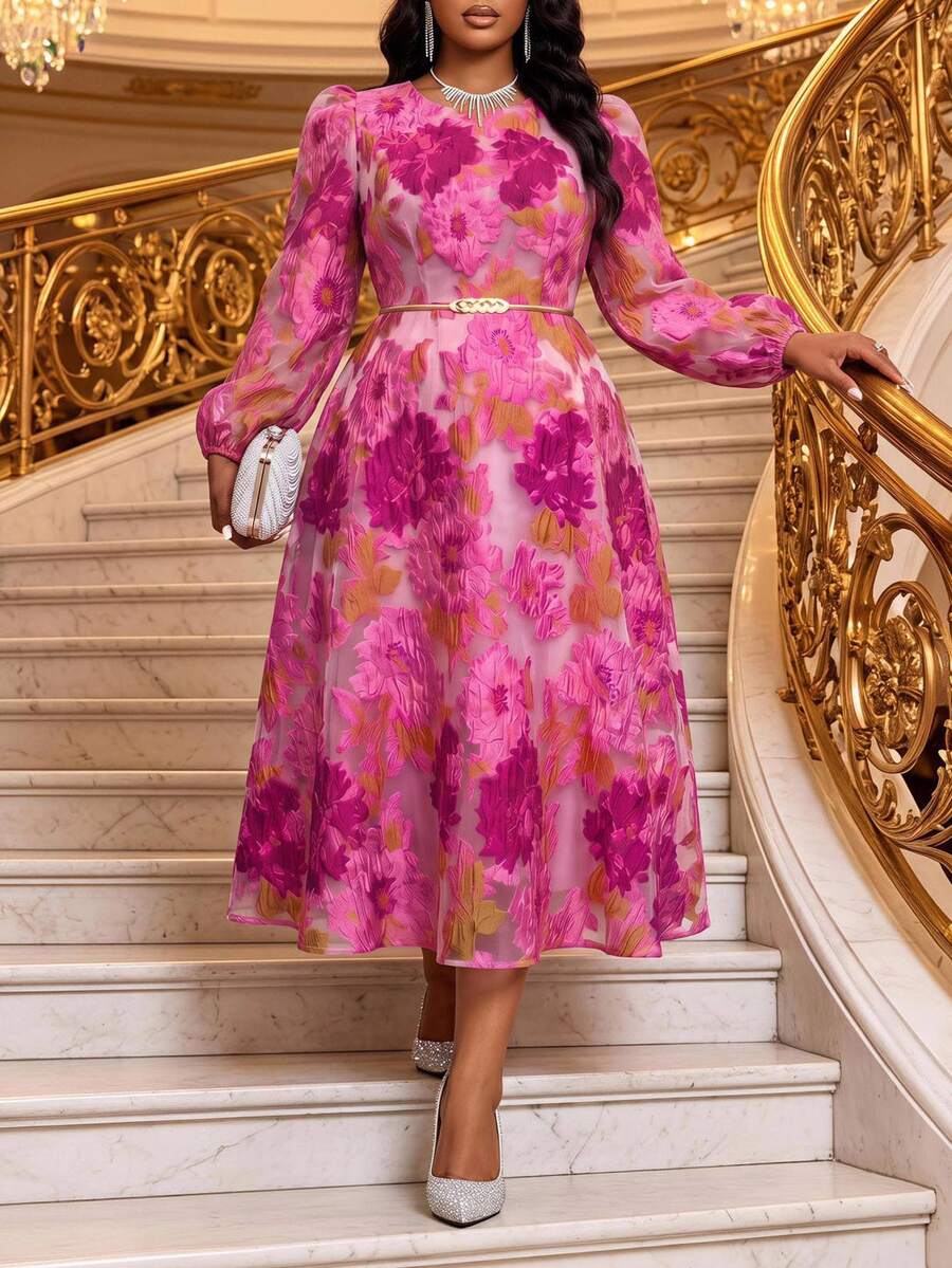 Fleurora Plus Size Fashion Elegant Jacquard Dress Fall - Hot Pink - View 1