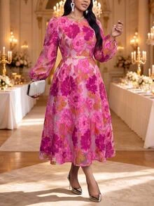Fleurora Plus Size Fashion Elegant Jacquard Dress Fall - Hot Pink - View 5