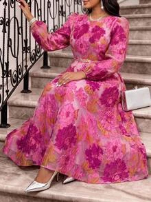 Fleurora Plus Size Fashion Elegant Jacquard Dress Fall - Hot Pink - View 2