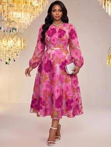 Fleurora Plus Size Fashion Elegant Jacquard Dress Fall - Hot Pink - View 7