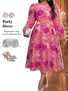 Fleurora Plus Size Fashion Elegant Jacquard Dress Fall - Hot Pink - View 8