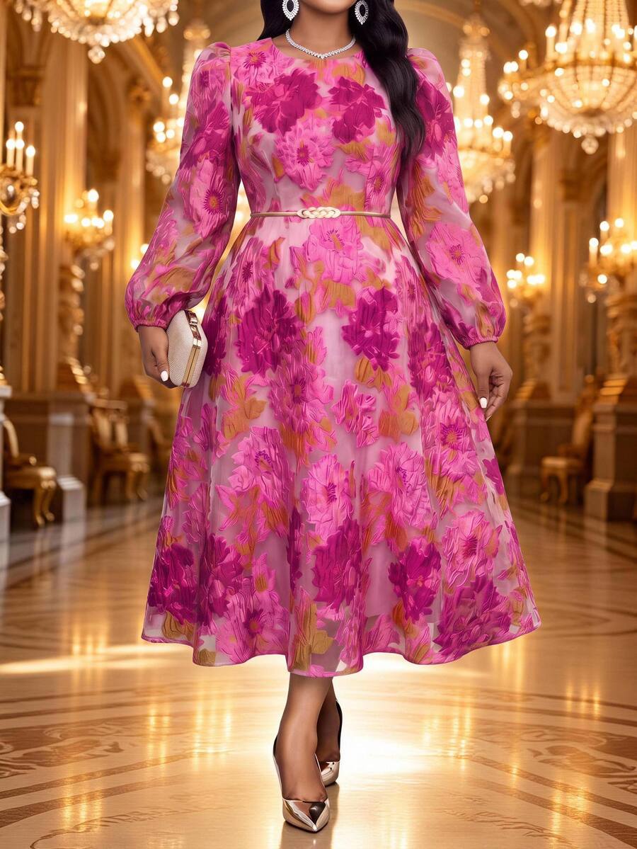 Fleurora Plus Size Fashion Elegant Jacquard Dress Fall - Hot Pink - View 1