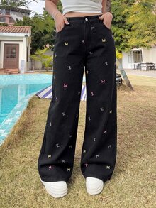SHEIN MOD Plus Size Women's Casual Everyday Denim Jeans With Pockets, Buttons And Bow Pattern - Black - View 7