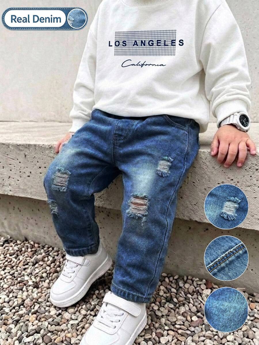 2件組幼童男童洛杉磯字母印花圓領衛衣與破洞牛仔束口長褲套裝,長袖套頭衫,鬆緊腰牛仔褲,秋季休閒童裝 - 彩色 - 查看 1