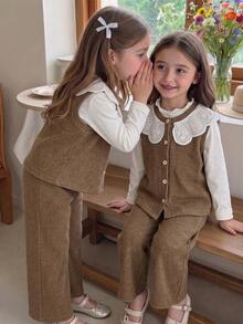 Genkimix Kids Young Girls 3pcs Sets Frill Collar Solid Top + Floral Collar Decor Casual Buttoned Front Vest + Solid Straight Leg Casual Pants,New Style - Coffee Brown - View 2